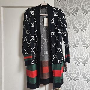 New Black Knit Cardigan with Red and Green Accents